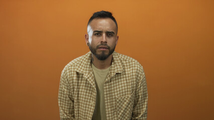 Obraz premium Man frowning with visible face and beard, leaning slightly forward in an orange studio; introspection.