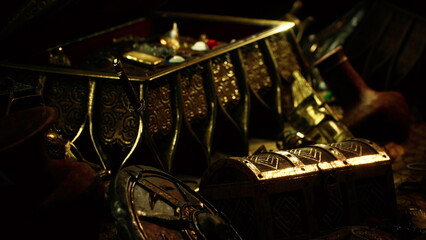 A captivating collection of historical treasures lies scattered across a dimly lit space. The intricate designs and vivid colors of gold and gems evoke stories of past adventures and mysteries.