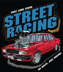 Red and painted racing car. Isolated in a black background, for t-shirt design, print. and for business purposes.