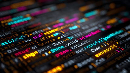 Code on a computer screen displaying programming logic and syntax in a colorful interface at night