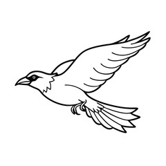 Simple black and white line drawing of a bird in flight with wings spread wide