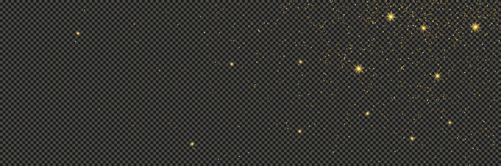 Gold glittering dust with stars on transparent backdrop