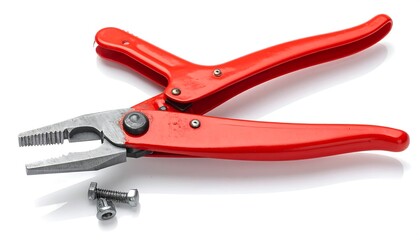 Obraz premium Red pliers next to screws on white background