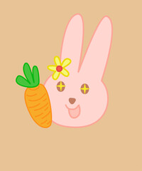 Cute pastel pink bunny with sparkling star eyes, holding carrot, wearing yellow flower on soft background