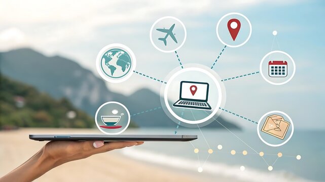 Hand holding tablet displaying travel planning icons connected to a laptop on a tropical beach background