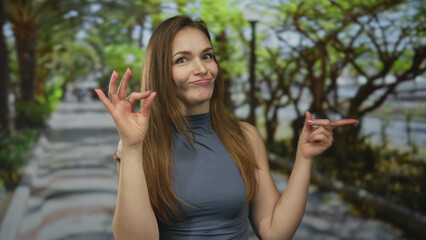 Young caucasian woman holds ok sign with her left hand and points finger to the right in a street;...