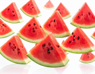 Bright red watermelon slices with neatly arranged black seeds, floating on a white background to highlight the color contrast and juicy impression.