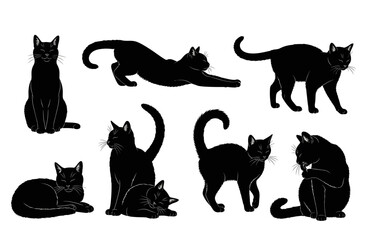 Collection of black cat silhouettes in various poses. Illustration vector.