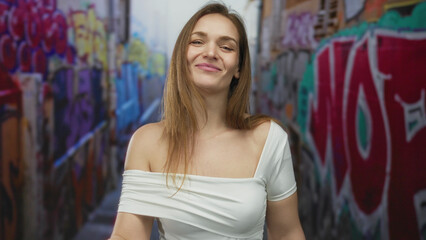 Woman in white top smiles and points finger towards camera on an urban graffiti street; confidence playfulness curiosity boldness.