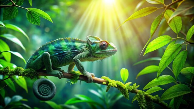 Vibrant chameleon perched on a branch in lush green forest sunlight - Powered by Adobe