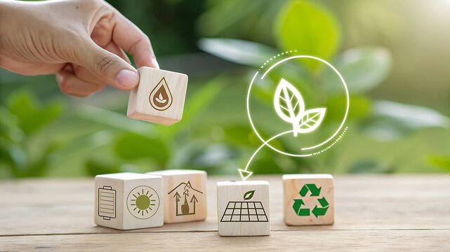 Hand placing wooden block with leaf icon on table with eco friendly symbols and green nature background