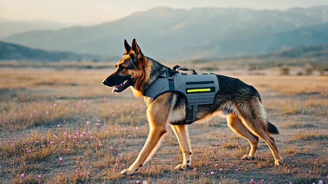 Shepherd in professional training vest, standing in open field, focused look, golden sunset, strong and confident appearance