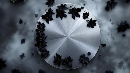 A dramatic, dark background featuring a reflective silver disc framed by black, abstract flowers in a curved arrangement. Mysterious and elegant banner