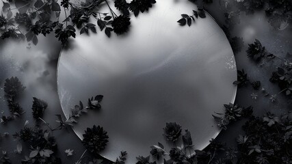 A dramatic, dark background featuring a reflective silver disc framed by abstract black foliage and swirling gray smoke. Mysterious and elegant banner
