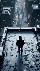 A dramatic high-angle view of a solitary figure on a snowy, gritty rooftop, looking out over a blurred, dark cityscape during a winter storm. Urban isolation