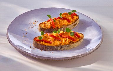 Paprika und Tomaten Frischkaesecreme auf Bauernbrot rustikal auf grauem Teller, Brotzeit, belegtes Brot, 