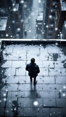 High angle view of a man in a dark coat standing alone on a wet, snowy rooftop, looking down onto a blurry, stormy city street. Solitude and urban mystery