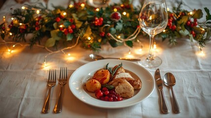 Elegant Christmas dinner table with roasted turkey, potatoes, cranberry sauce, wine glass, and festive garland with lights. Perfect for holiday celebration, seasonal design, and festive backgrounds.