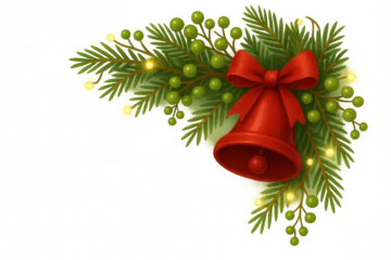 Christmas corner decoration featuring red bell and bow, festive pine branches with berries and glowing lights