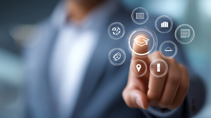 Businessman hand touch virtual touchscreen interface interact collection floating icon symbol education technology digital innovation.