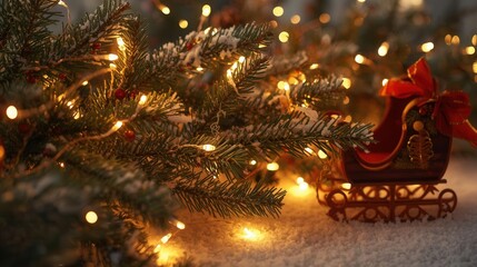 Festive Christmas sleigh with pine branches, fairy lights, and snow holiday decoration background