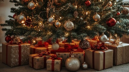 Decorated Christmas tree with glowing lights, shiny ornaments, and wrapped gift boxes with red ribbons placed underneath.