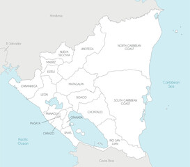 Obraz premium Vector map of Nicaragua with departments and autonomous regions, and neighbouring countries and territories. Editable and clearly labeled layers.