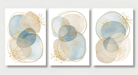 Abstract Watercolor Shapes Triptych Set Modern Beige Blue and Gold Geometric Art for Interior Design and Digital Art