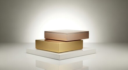 Two metallic podiums in brushed gold and champagne rose, stacked vertically on glossy white base, soft gradient ivory background, elegant studio product photography