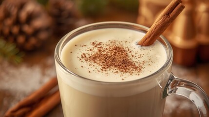 Traditional Creamy Eggnog with Cinnamon Stick and Nutmeg Powder for Festive Christmas and Holiday Celebration