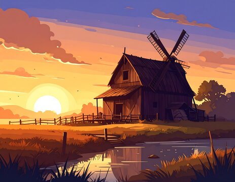 Rustic windmill at sunset over a tranquil pond - Powered by Adobe