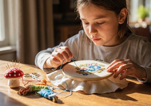 A girl embroidering a pattern on fabric in a hoop while sitting at a table