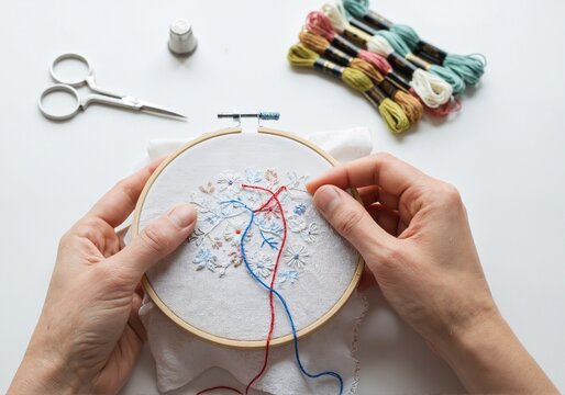 Close-up of female hands embroidering a floral pattern on fabric with a needle and multi-colored threads
