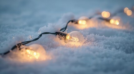 Beautiful glowing string lights lying on snowy ground with soft warm illumination.