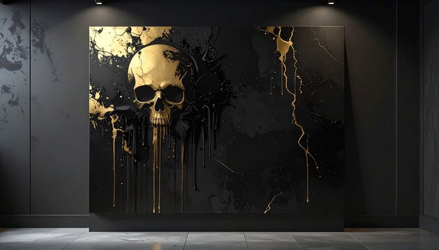 A striking black wall art piece featuring a golden skull design with dripping paint, creating a bold, modern aesthetic.
