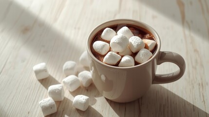 Cozy cup of hot chocolate topped with fluffy marshmallows on a wooden table in warm sunlight.