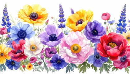 Anemone flowers & lavender border on white. Greetings card, springtime themed events