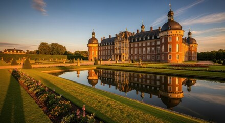 Grand castle reflects in tranquil water gardens