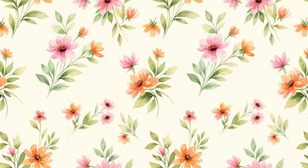 Pastel Pink, Peach, and Orange Watercolor Floral Seamless Pattern on Cream Background in Rustic Vintage Style