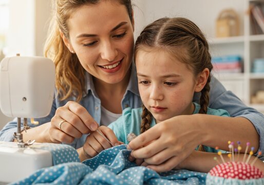 A mother and her little daughter work together at a sewing machine - Powered by Adobe
