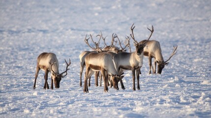 A large herd of wild reindeer grazing on a snowy winter field in the Arctic. Perfect for wildlife photography, winter backgrounds, nature themes, and seasonal holiday design projects.