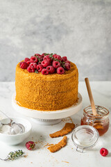 Layered honey cake with fresh berries on top. Medovik decorated raspberries. Traditional Russian dessert. Homemade cake. Selective focus.