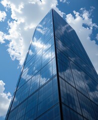 high rise tower with reflective glass walls capturing sky and clouds, modern corporate architecture, clean geometry, sharp vertical lines, futuristic mood, cinematic realism, detailed textures.