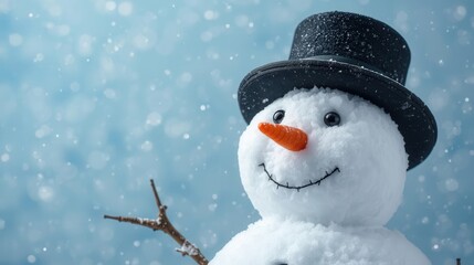 Happy snowman with a black top hat, carrot nose, coal eyes, and stick arms standing in falling snow. Perfect for Christmas, winter holidays, festive cards, and seasonal decorations.