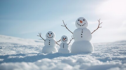 Three happy snowmen with carrot noses, coal eyes, and stick arms standing together in a snowy winter field. Perfect for Christmas, holiday cards, festive decorations, and seasonal design projects.