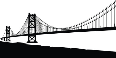 Suspension bridge silhouette vector with towers, cables, and span structure, black and white urban scene of engineering and architecture