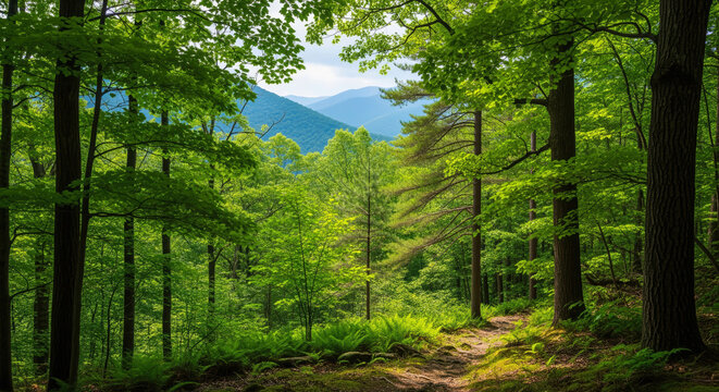 A serene summer forest path winding through vibrant green canopi