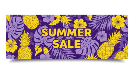 A vibrant summer sale banner featuring bold yellow text against