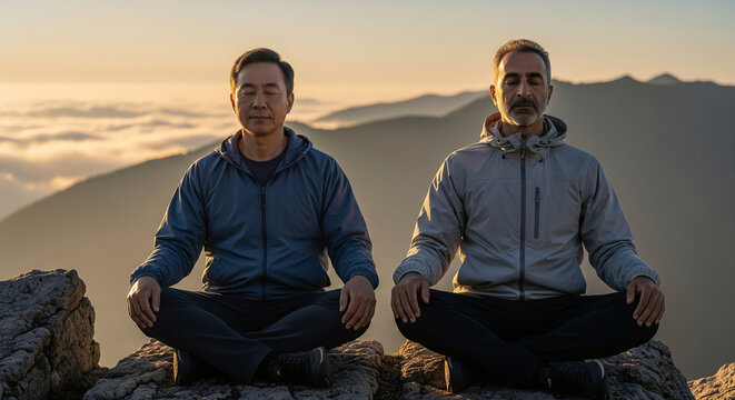 Two diverse men meditating in a lotus pose on a rocky mountaintop above the clouds during a serene golden sunrise