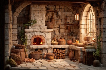 Detailed model of a rustic stone kitchen